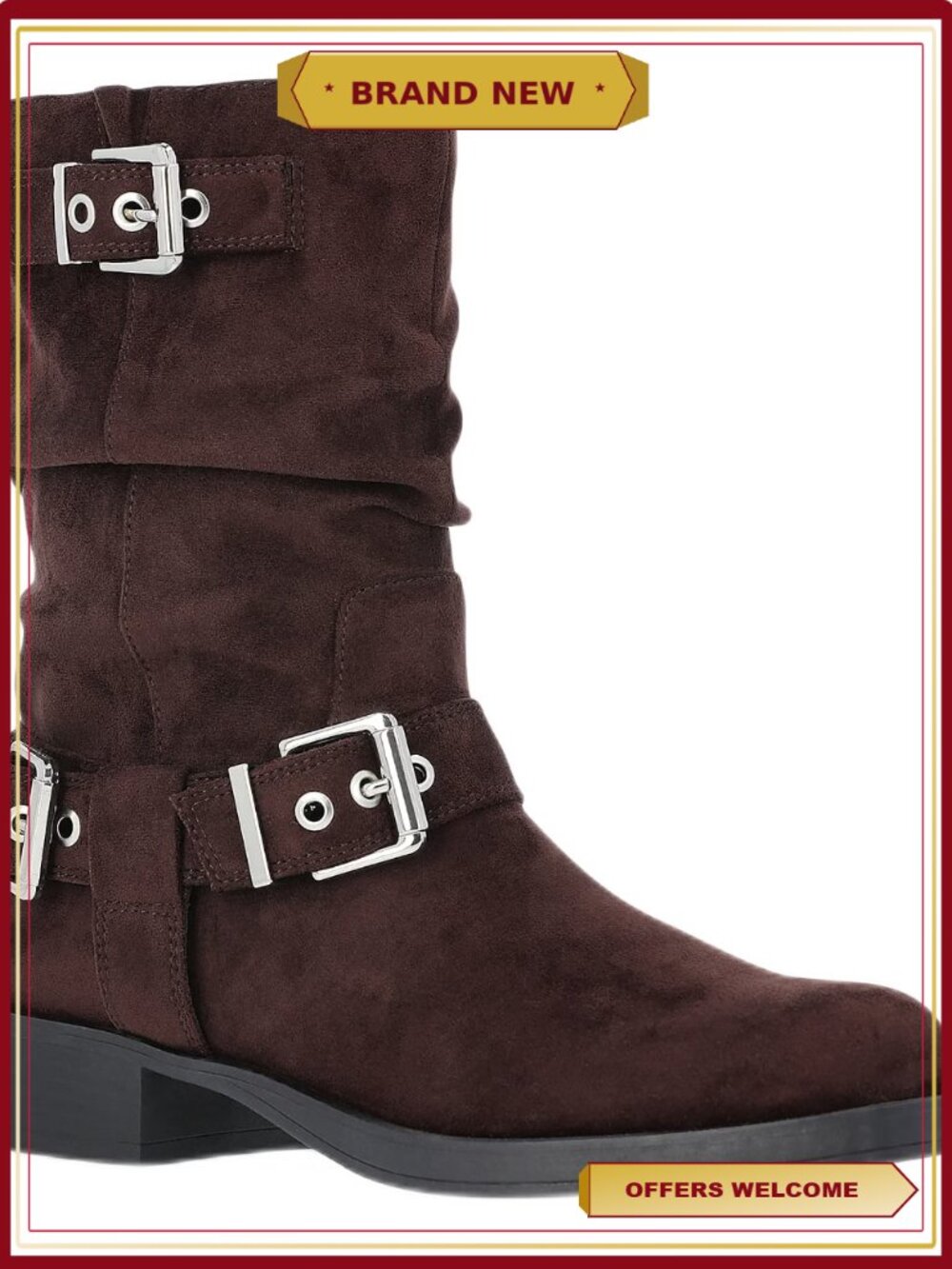 Women's Short Ankle Moto Boot with Buckle Accents, Sturdy Sole